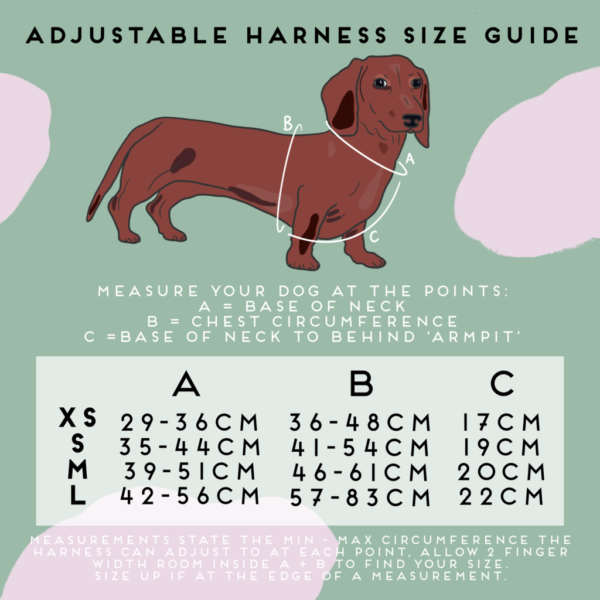 Poppy and Ted Adjustable Dog Harness size guide