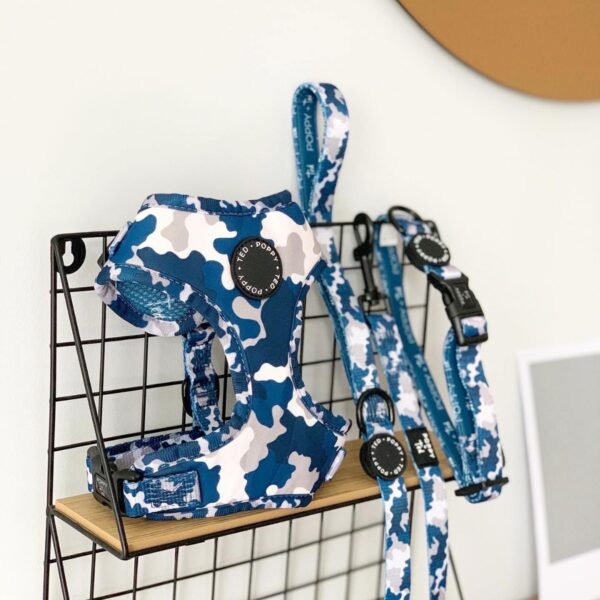 Poppy + Ted Blue Camo Adjustable Dog Harness, Collar and Lead Set