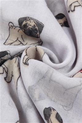 Close up of Pug print scarf in white