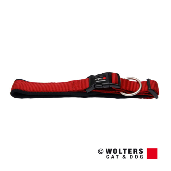 Red padded, adjustable dog collar with a black lining by Wolters