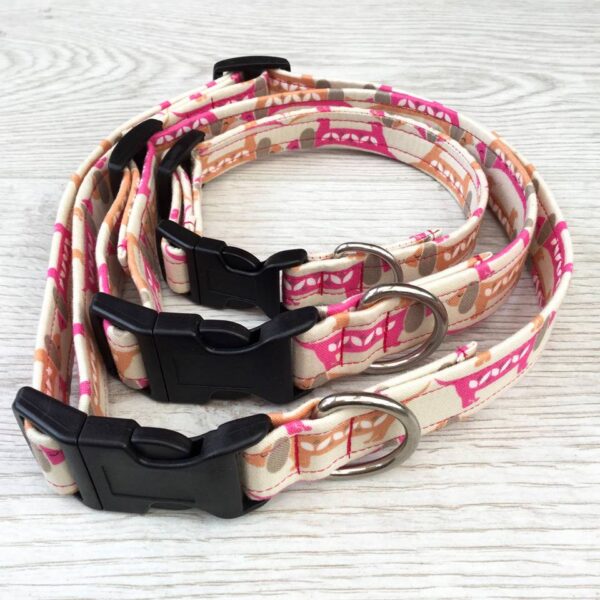Sausage Dog print design in orange and pink dog collar by Paws & Hounds