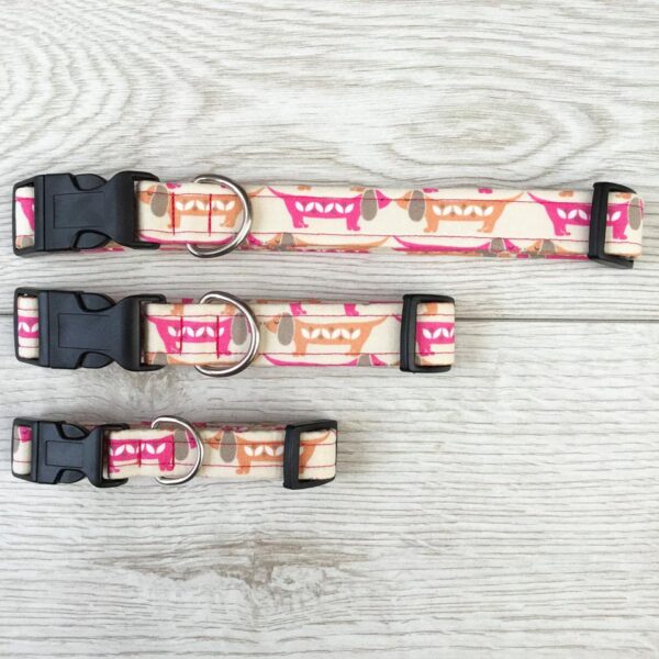 Sausage Dog print design in orange and pink dog collar by Paws & Hounds