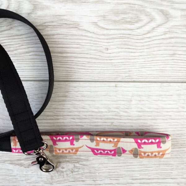 Sausage Dog print design in orange and pink dog lead by Paws & Hounds