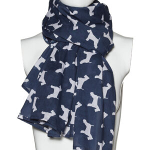 A navy cotton scarf with a white Schnauzer silhouette designed by The Lancashire Dog Company