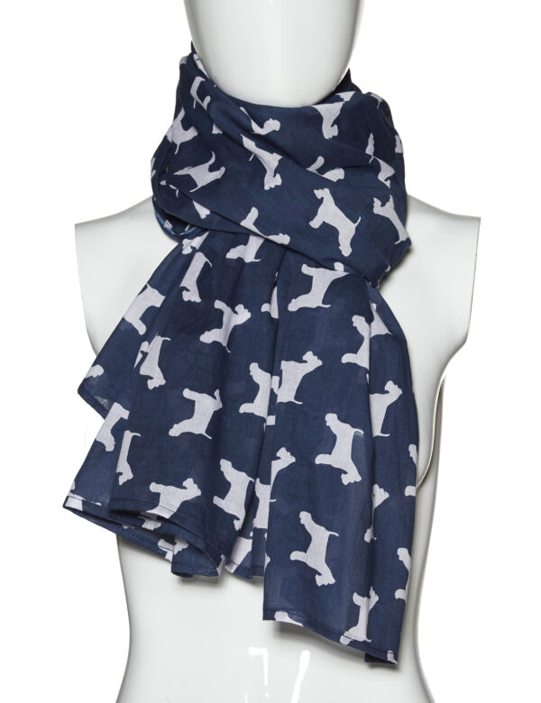 A navy cotton scarf with a white Schnauzer silhouette designed by The Lancashire Dog Company