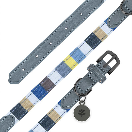 Grey, Blue, White, Black and Yellow Striped Nylon Canvas Dog Collar with a Buckle Fastening by Sotnos