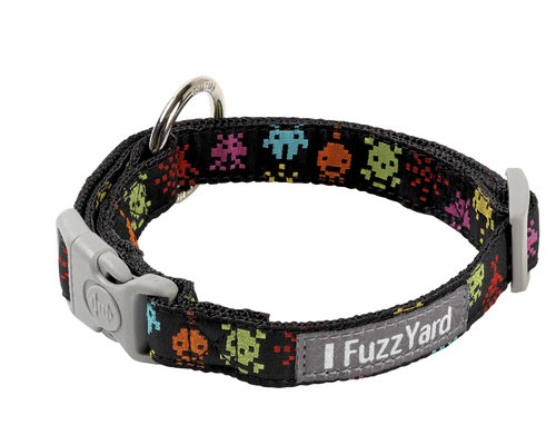 Black dog collar features multi-coloured Space Raiders by FuzzYard
