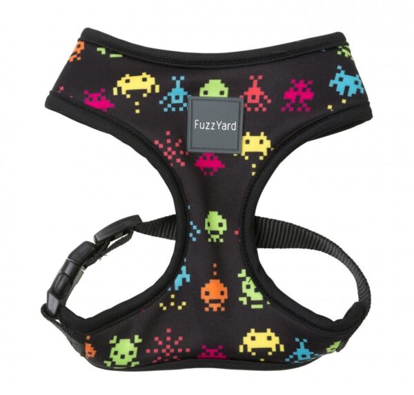Black dog harness featuring multicoloured space raiders by FuzzYard