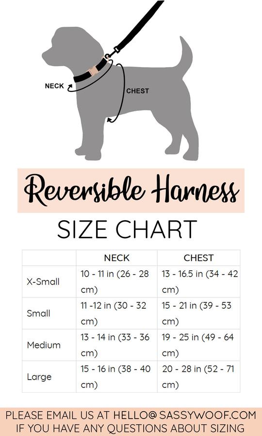 Sassy Woof 'Love Actually' Reversible Dog Harness Size Guide