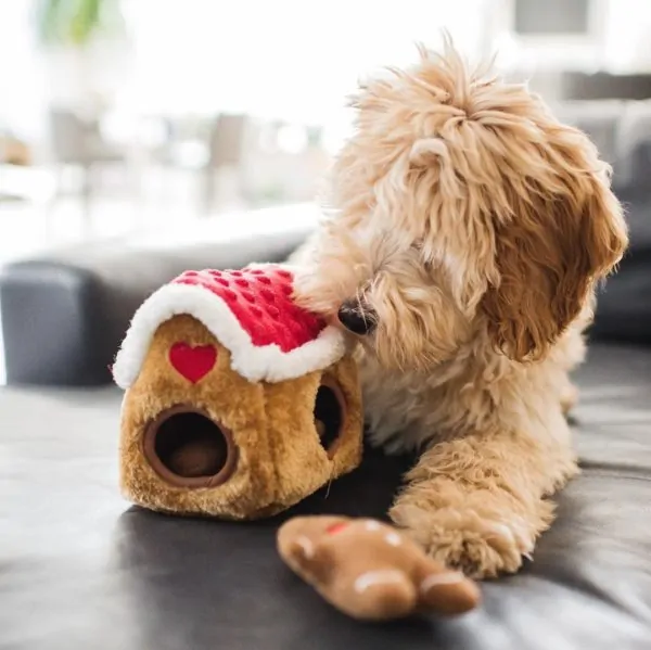 ZippyPaws Holiday Burrow Gingerbread House Interactive Christmas Dog Toy