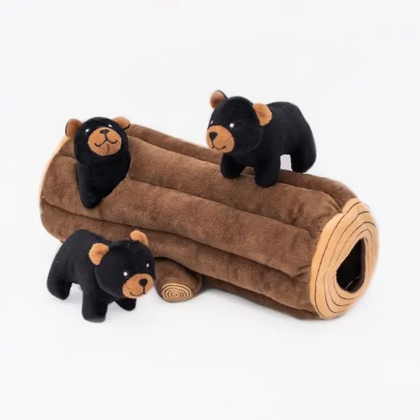 ZippyPaws Zippy Burrow Log with 3 Black Bears Interactive Dog Toy