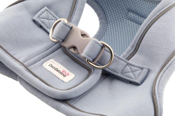Back view of the Doodlebone Dinky Dog Snappy Step-In Harness in Chalky Blue – adjustable fit for small dogs and puppies.