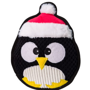 Festive penguin dog toy by House of Paws with multi-textured fabric and black nylon trim