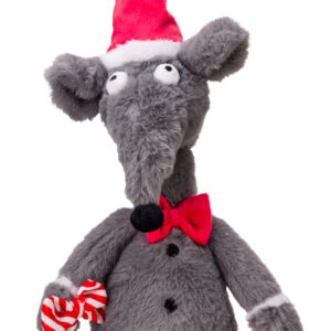 Grey Christmas rat dog toy by House of Paws with soft plush fabric and festive design