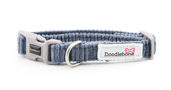 Blue cord dog collar with embroidered dog-themed patches and brushed nickel hardware