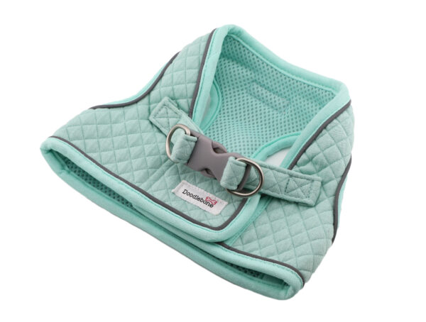 Mint green quilted step-in dog harness by Doodlebone shown from the back
