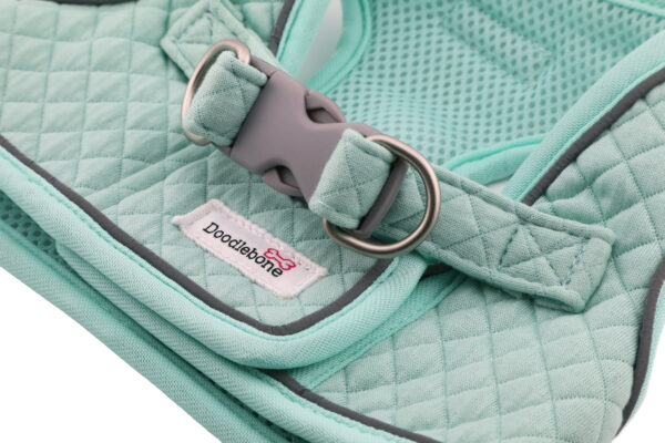 Mint green quilted step-in dog harness by Doodlebone shown from the back