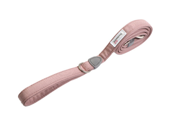 Chalky pink dog lead with padded handle and brushed nickel clasp for small dogs