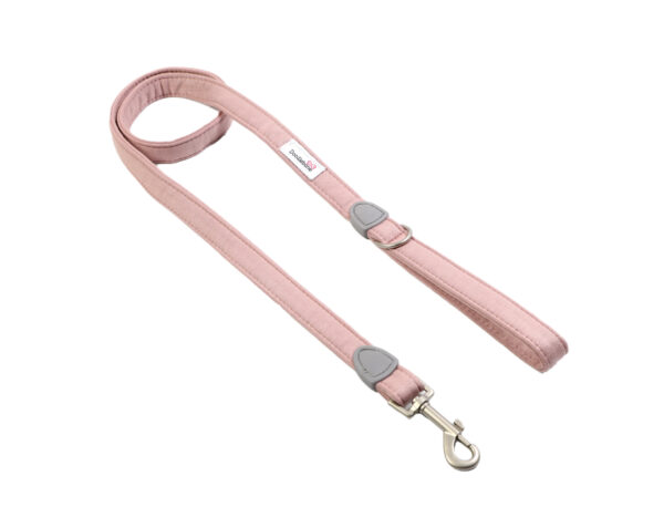 Chalky pink dog lead with padded handle and brushed nickel clasp for small dogs