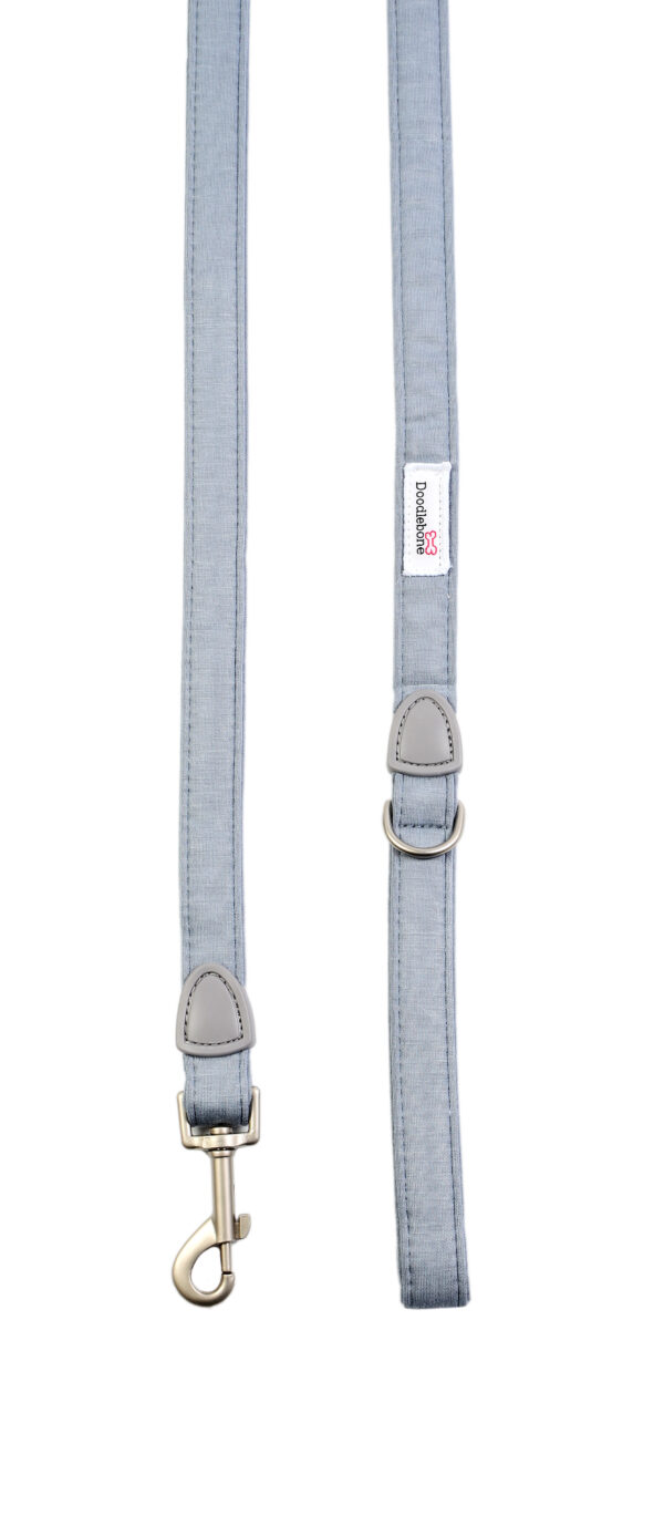 Chalky blue dog lead with padded handle and brushed nickel clasp for small dogs