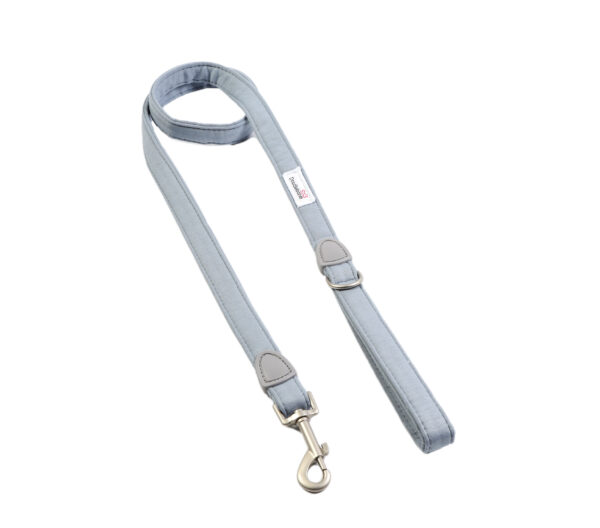 Chalky blue dog lead with padded handle and brushed nickel clasp for small dogs