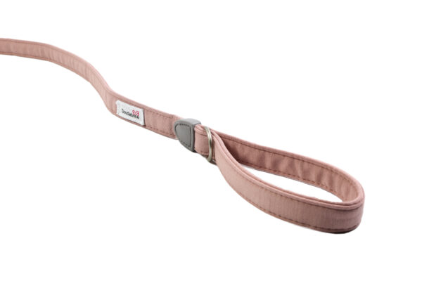 Chalky pink dog lead with padded handle and brushed nickel clasp for small dogs