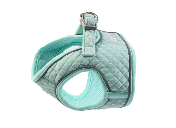 Mint green quilted step-in dog harness by Doodlebone shown from the side
