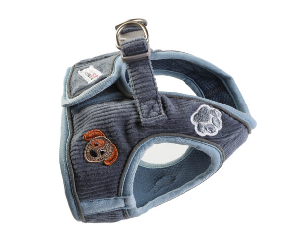 Side view of blue cord dog harness with embroidered patches and reinforced stitching