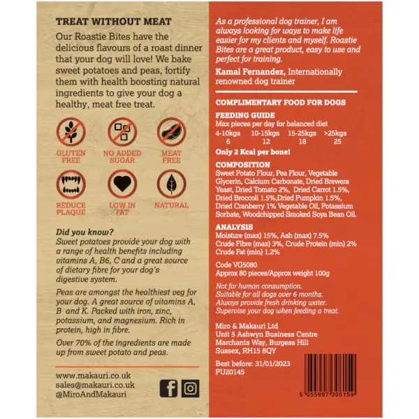 Back of Maks Patch Roastie Bites Dog Treats Pack – Ingredients and Nutritional Info