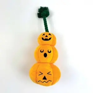 Halloween-themed plush dog toy with stacked pumpkins – soft, squeaky and perfect for festive play