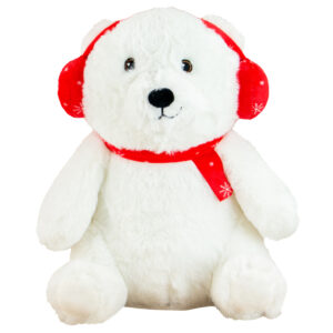 Ancol Olwen Christmas Bear Dog Toy – white plush bear with red earmuffs and scarf