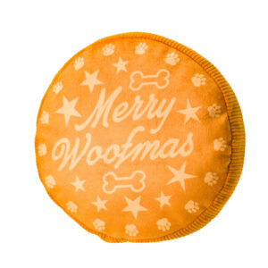 House of Paws Golden Coin Dog Toy with 'Merry Woofmas' message, soft plush and squeaky.