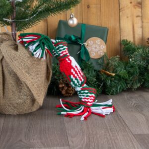Ancol Squeaky Christmas Cracker Rope Dog Toy with festive cracker design, available at The Lancashire Dog Company.