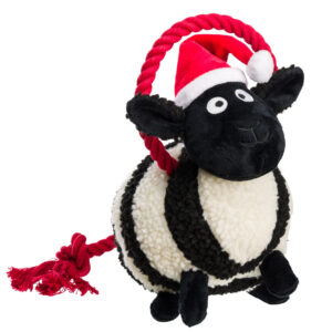 House of Paws Baa Humbug Christmas Dog Toy shaped like a sheep humbug with red rope handle, available at The Lancashire Dog Company.