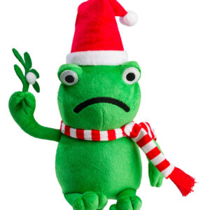 House of Paws Mistletoad Christmas Dog Toy featuring a grumpy plush toad holding mistletoe, wearing a Santa hat and red‑and‑white stripey scarf, available at The Lancashire Dog Company.