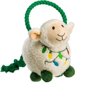 House of Paws Fleece Navida Sheep Christmas Dog Toy with Christmas lights detail and green rope handle, available at The Lancashire Dog Company.