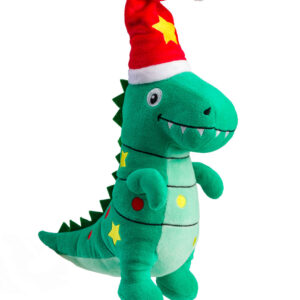 House of Paws Tree Rex Christmas Dog Toy shaped like a festive T‑Rex with Christmas lights and a star‑topped Santa hat, available at The Lancashire Dog Company.