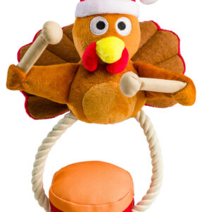 House of Paws Turkey Drummer Christmas Dog Toy featuring a plush turkey wearing a Santa hat, holding drumsticks and attached to a drum by rope, measuring 27cm and squeaky, available at The Lancashire Dog Company.