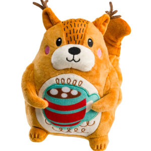 House of Paws Winter Squirrel plush dog toy with a hot chocolate design on its tummy and built-in squeaker, available from The Lancashire Dog Company.